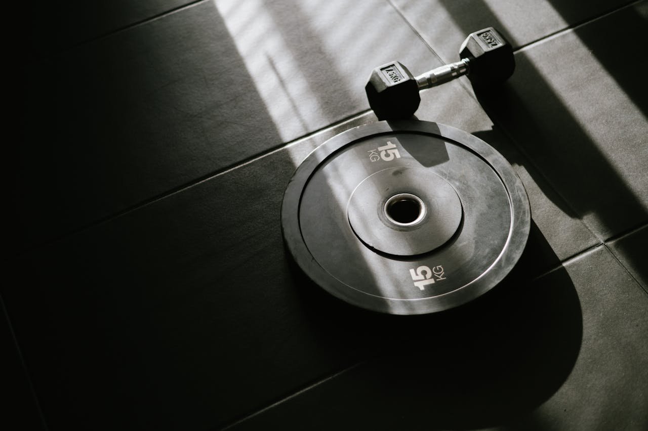 Offerings A 15 kg weight plate and dumbbell on a gym floor, lit by sunlight through a window.